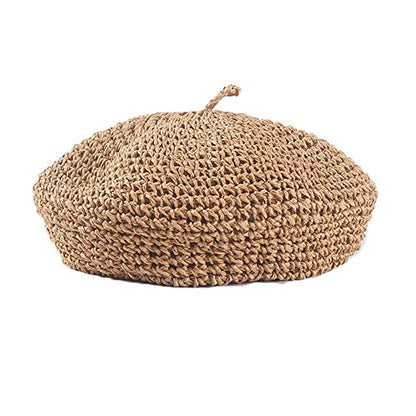 Straw Beret Summer French Beret Hats for Women Artist Crochet Beret - color: Khaki