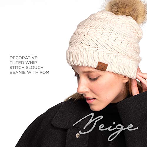 C.C Hatsandscarf Exclusives Unisex Solid Ribbed Beanie with Pom (HAT-43) - color: A Beige-tilted Stitch