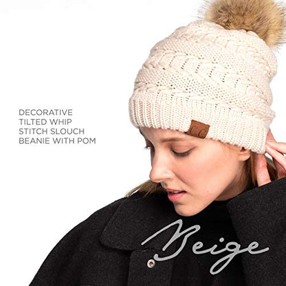 C.C Hatsandscarf Exclusives Unisex Solid Ribbed Beanie with Pom (HAT-43) - color: A Beige-tilted Stitch