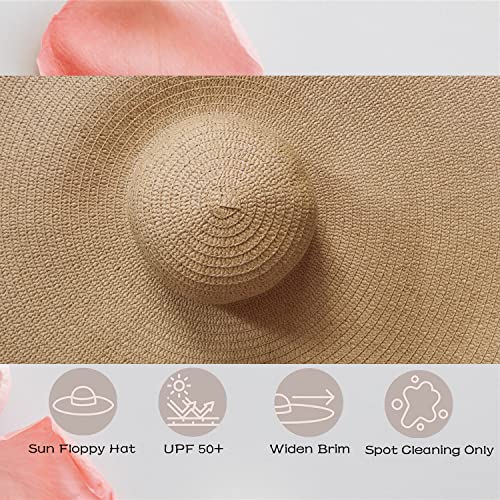 Oversized Beach Hat Women, Extra Wide Brim Foldable Straw Floppy Sun Hat - color: Khaki