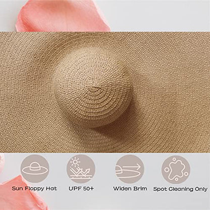 Oversized Beach Hat Women, Extra Wide Brim Foldable Straw Floppy Sun Hat - color: Khaki