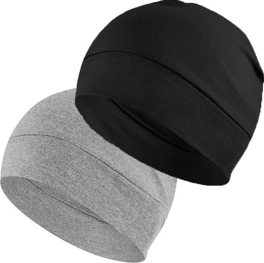 BISMAADH Cotton Skull Caps for Men and Women,2-Pack Lightweight Beanie Sleep Hats Breathable Helmet Liner Biking - color: Black & Mlg