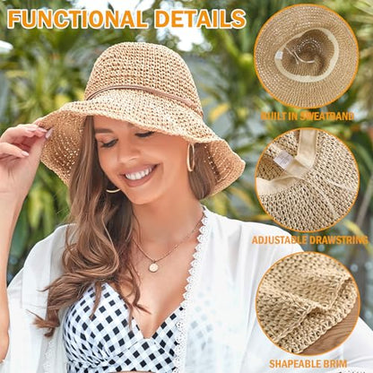 Women's Straw Bucket Sun Hat, Packable Floppy Wide Brim Beach Hat - color: Khaki a