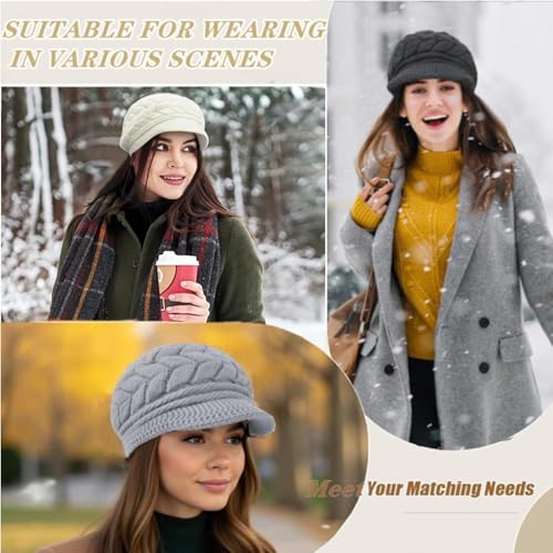 stablerice 4 Pack Womens Winter Beanie Hats Thick Warm Knit Hat with Visor Brim Wool Snow Ski Caps Chunky Soft Slouchy Cap - color: Black, Grey, Purple, White