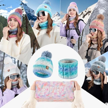 Womens Winter Beanie Hat Scarf Set,Thermal Fleece Lined Women Beanie with Pom Warm Knitted Neck Scarf Cold Weather
