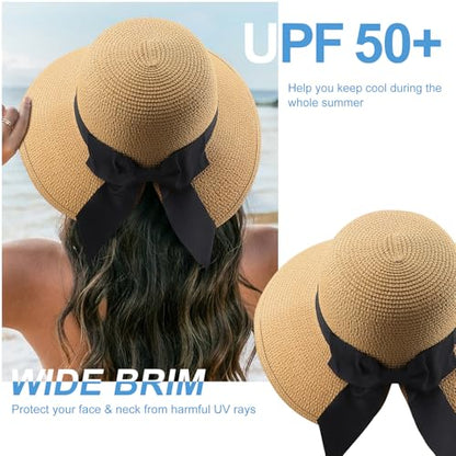 DRESHOW Sun Hats for Women Travel Fedora Foldable Beach Sun Hat Summer Wide Brim Straw Bucket Hat with Bowknot UPF 50+ - color: 1 Pack Bowknot Straw Hat: Khaki