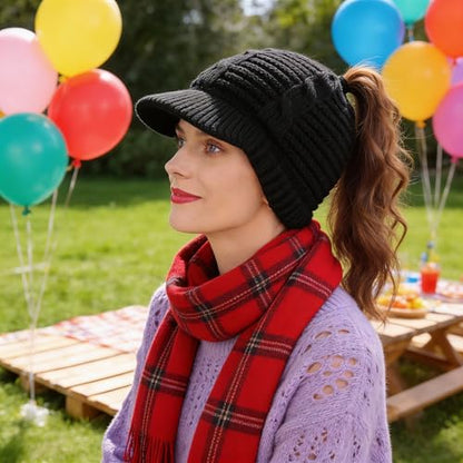 Women's BeanieTail Warm Knit Hat Messy High Bun Ponytail Visor Beanie Cap - color: B340-black, size: Medium