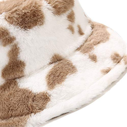 Umeepar Winter Faux Fur Fuzzy Bucket Hat Fluffy Warm Hat for Women Men - color: Cow Print Khaki