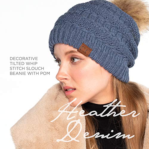 C.C Hatsandscarf Exclusives Unisex Solid Ribbed Beanie with Pom (HAT-43) - color: A Heather Denim-tilted Stitch