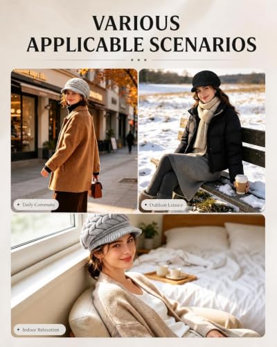 YSense 2 Pack Womens Winter Hats Warm Knit Beanie with Visor - color: Black Light Grey