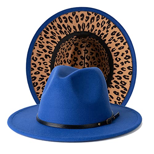Women Two Tone Wide Brim Fedora Felt Panama Hat - color: Royal/Leopard