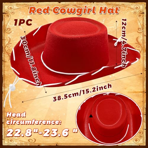 Cowgirl Hat,Western Cowboy Hats Wild West Classic Wide Brim Headwear for Men Women Halloween Cosplay,Themed Party - style: Red Cowgirl Hat With White Rope