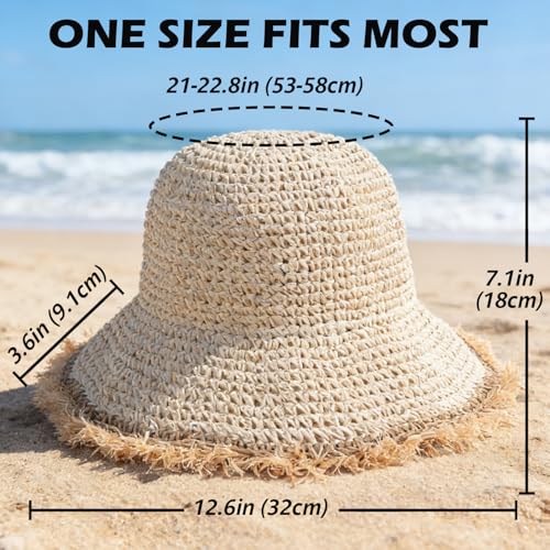 Women's Straw Bucket Sun Hat, Packable Floppy Wide Brim Beach Hat - color: Beige