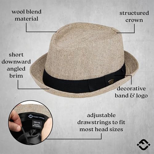 Funky Junque Wool Blend Porkpie Fedora, Classic Trilby Dress Hat - color: Brown Herringbone, size: Large
