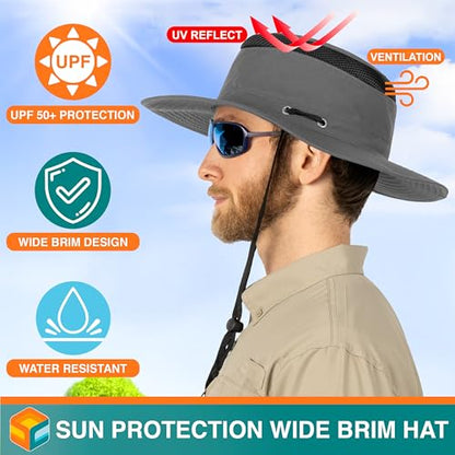 SUN CUBE Wide Brim Sun Hat for Men Women UPF 50+ UV Protection Safari Boonie Hat with Chin Strap, Pocket, Fishing Hiking Hat - color: Gray