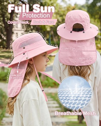 Century Star Kids Sun Hat with Ponytail Hole & Detachable Neck Flap UPF50+ Quick Dry Girls Bucket Hat for Outdoor Beach - color: Light Pink