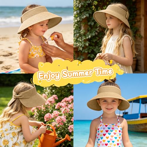 Girls Sun Visor Hat with Ponytail Hole Wide Brim Beach Straw Visor UPF 50+ - color: 1pack-khaki