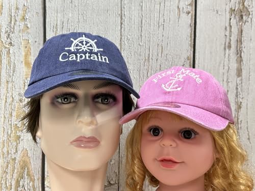 Embroidered Captain & First Mate Baseball Caps Set for Men Women - color: Captain (Navy) - Toddler First Mate (Pink)