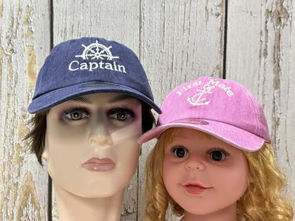 Embroidered Captain & First Mate Baseball Caps Set for Men Women - color: Captain (Navy) - Toddler First Mate (Pink)