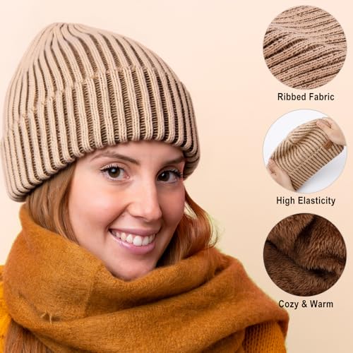 HONGTEYA 3 Pack Winter Beanie for Men Women, Thicken Thermal Plush Lined Beanie Fashion Warm Knit Hat for Cold Weather - color: Black+white+camel