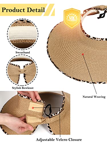 sy soul young Women's Straw Hat with Ponytail Hole Wide Brim Visor Sunhat - color: Khaki With Leopard