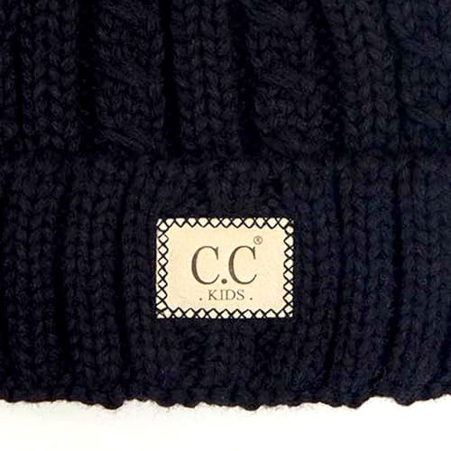 C.C Kids' Suede Patch Snuggly Soft Warm Knit Pom Cuff Beanie - color: Cable Knit Faux Fur, Black