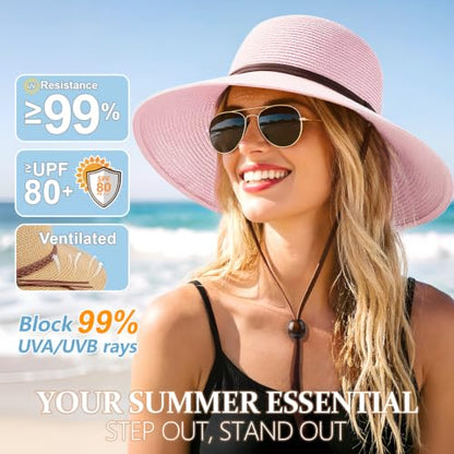 DRESHOW Womens Summer Straw Sun Hat Wide Brim Bucket Hats Fedora Hat Panama Beach Hat with Chin Strap UPF 50+ - color: Straw Hat With Wind Lanyard: Blush Pink