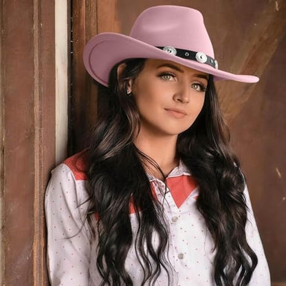 DRESHOW Women Men Classic Felt Wide Brim Western Cowboy & Cowgirl Cap Belt Buckle Retro Panama Hat Unisex Rolled up Caps - color: 1 Pack Style 1: Pink (Hat Circumference: 22-22.8")