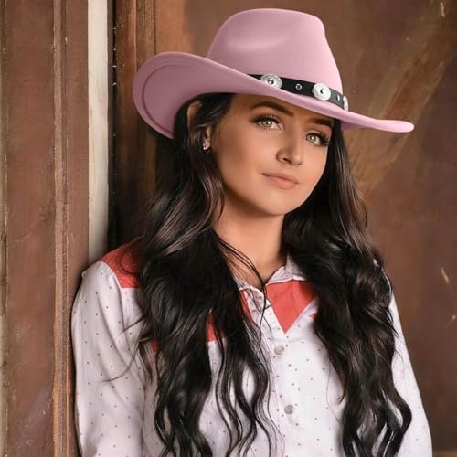 DRESHOW Women Men Classic Felt Wide Brim Western Cowboy & Cowgirl Cap Belt Buckle Retro Panama Hat Unisex Rolled up Caps - color: 1 Pack Style 1: Pink (Hat Circumference: 22-22.8")