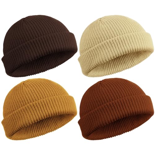 SATINIOR 4 Pieces Trawler Beanie Watch Hat Roll up Edge Skullcap Fisherman Beanie Unisex - color: Caramel, Khaki, Dark Caramel, Coffee, size: One Size