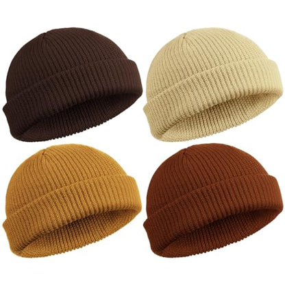 SATINIOR 4 Pieces Trawler Beanie Watch Hat Roll up Edge Skullcap Fisherman Beanie Unisex - color: Caramel, Khaki, Dark Caramel, Coffee, size: One Size