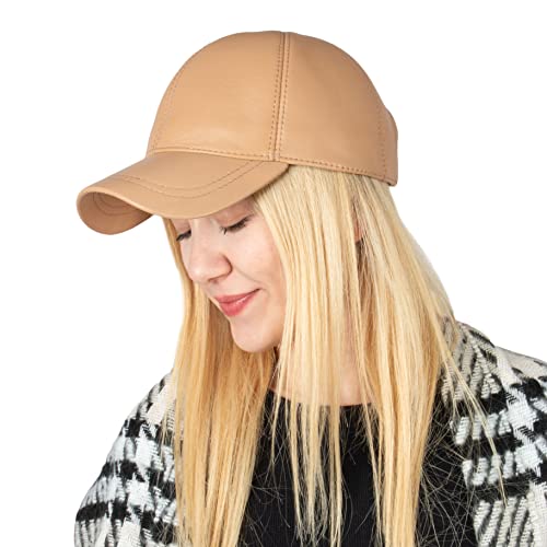 Genuine Leather Unisex Baseball Cap - color: Dark Beige