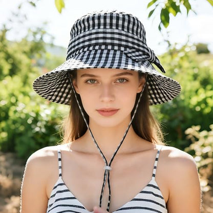 Women's Summer Plaid Sun Hat 100% Cotton Beach UV Protection Fishing Hat - color: Black