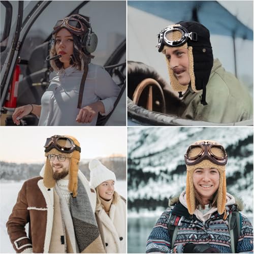 Peicees Aviator Hat and Goggles Pilot Costume Set for Adult Men and Women - style: Khaki Hat+copper Frame/Clear Lens