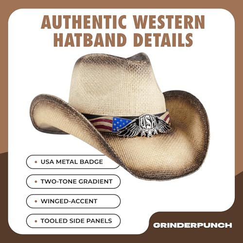 grinderPUNCH Straw Cowboy Hat for Men Women Western Cowgirl Outback Sun Hat - color: White