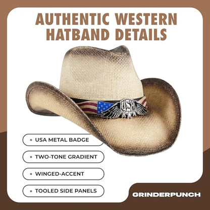 grinderPUNCH Straw Cowboy Hat for Men Women Western Cowgirl Outback Sun Hat - color: White
