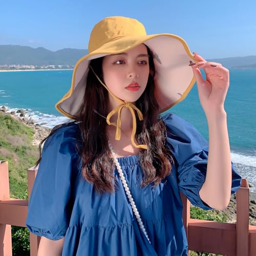 HUAMULAN Women Summer Vacation Wide Brim Sun Hat Reversible Fishing Hats - color: Beige Yellow With Butterfly