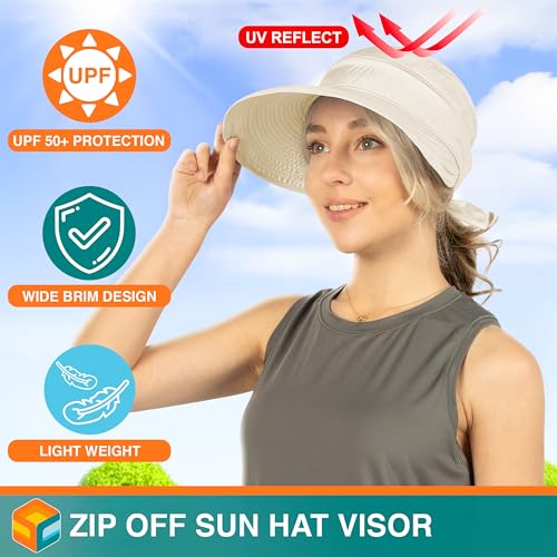 SUN CUBE Womens Sun Hat UV Protection Wide Brim Zip-Off Golf Visor - color: Beige