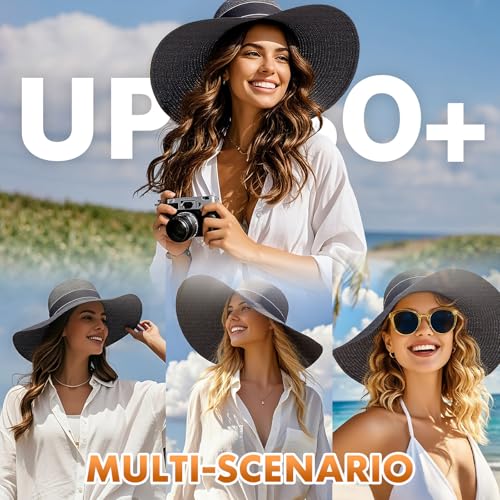Barelove Sun Straw Hat Wide Brim Shape Hat with UPF 80+, Packable Foldable Floppy Summer Beach Hat for Women Men - color: Black - Wide