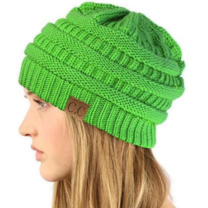 CC Classic Winter Fall Trendy Chunky Stretchy Cable Knit Beanie Hat - color: Neon Lime