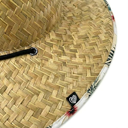 Women's Wide Brim Straw Sun Hat for Beach, Lifeguard Style, Hand-Woven Rush & Mat, Adjustable Chin Drawstring - color: The Layla