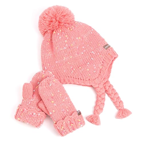 Girls Warm Knit Earflap Hat, Fleece Lined Cold-Weather Essential for Kids 1-12 Years, Unique Colorful Design, Premium Quality - color: Camelia Pink- 2pc Set, size: 6-12 Years