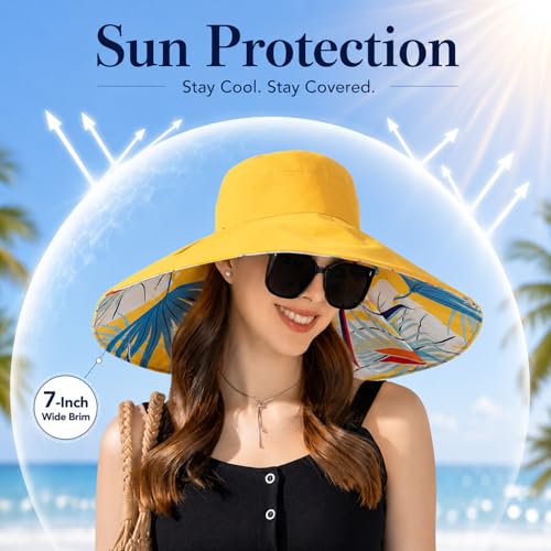 HUAMULAN Wide Brim Women Summer Sun Floppy Hat Reversible Beach Bucket Hat - color: Bg8240-yellow