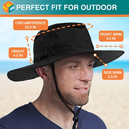 SUN CUBE Wide Brim Sun Hat for Men Women UPF 50+ UV Protection Safari Boonie Hat with Chin Strap, Pocket, Fishing Hiking Hat - color: Black