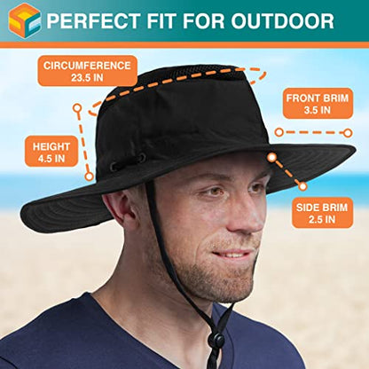 SUN CUBE Wide Brim Sun Hat for Men Women UPF 50+ UV Protection Safari Boonie Hat with Chin Strap, Pocket, Fishing Hiking Hat - color: Black