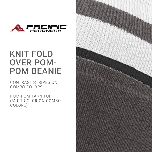 Pacific Headwear Unisex Adult Pacific Headwear Knit Fold Over Pom-pom Beanie - color: Graphite/White/Black, size: One Size