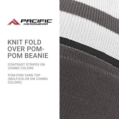 Pacific Headwear Unisex Adult Pacific Headwear Knit Fold Over Pom-pom Beanie - color: Graphite/White/Black, size: One Size