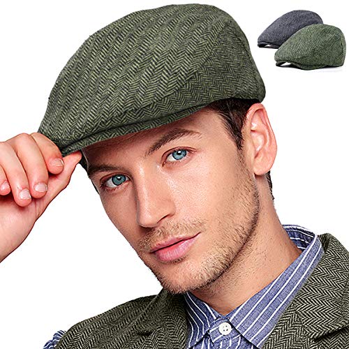 2-Pack Adjustable Newsboy Hats for Men Flat Cap Irish Wool Blend Tweed - color: 003 Black+green 2pack, size: Large-X-Large