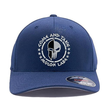 Spartan Skull Warrior Helmet Molon Labe/ΜΟΛΩΝ ΛΑΒΕ - Come and Take Embroidered Flex Fitted Baseball Hat - color: Navy, size: Large-X-Large