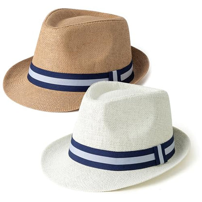 4 Pack Short Brim Straw Fedora Summer Beach Sun Hat Men - color: 2 Pcs Set M